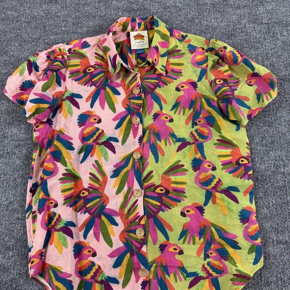 Farm Rio Top Womens Small Bird Printed Shirt Colorful Linen Tropical Boho Chic - Picture 7 of 16